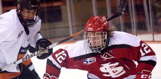 Max Mobley (St. Lawrence - 12) plays the puck behind the net during the second period. (Shelley M. Szwast)