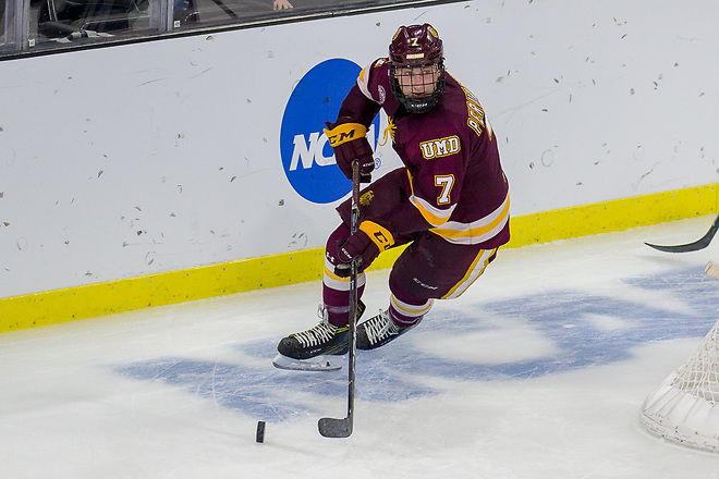 Scott Perunovich 23 Mar 18: The Minnesota State University Mavericks play against the University of Minnesota Duluth Bulldogs in a semifinal game of the NCAA West Regional at the Denny Sanford Premier Center in Sioux Falls, SD. (Jim Rosvold)