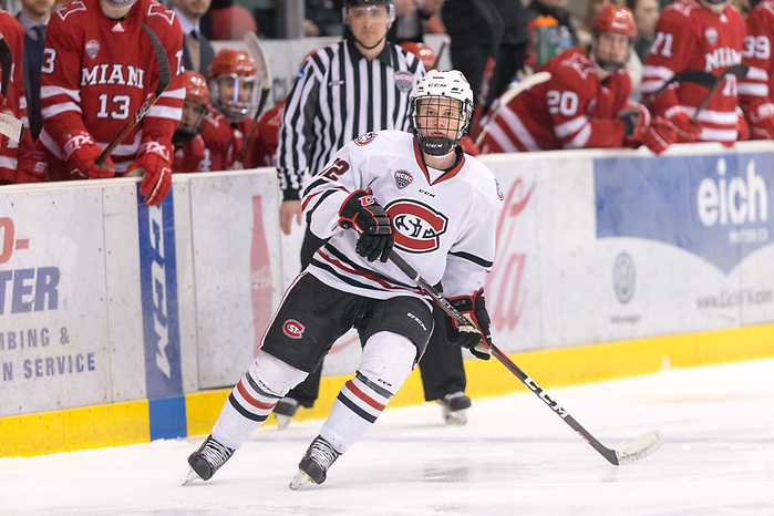 Jack Ahcan (SCSU-12) 2019 March 15 St. Cloud State University hosts Miami of Ohio a NCHC playoff contest at the Herb Brooks National Hockey Center (Bradley K. Olson)