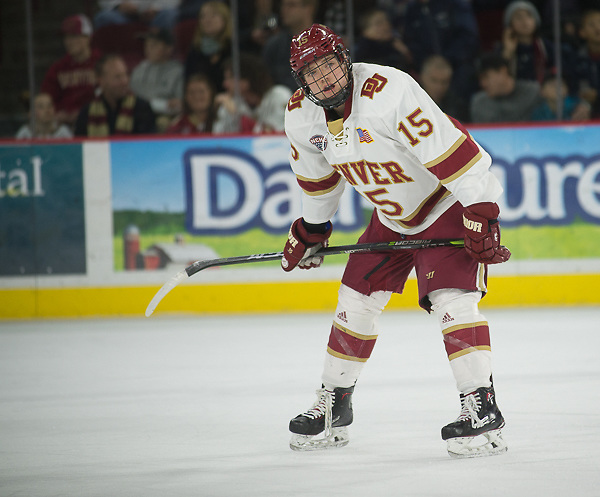 Ian Mitchell of Denver. Colorado College at Denver at Magness Arena, Feb. 17, 2018. (Candace Horgan)