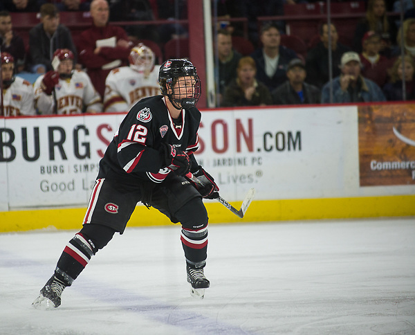 Jack Ahcan of St. Cloud State. St. Cloud State at Denver, Magness Arena, 11/11/17. (Candace Horgan)