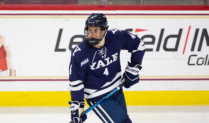 CHESTNUT HILL, MA - NOVEMBER 26: Matt Foley #4 of the Yale Bulldogs skates against the Boston College Eagles during NCAA men's hockey at Kelley Rink on November 26, 2019 in Chestnut Hill, Massachusetts. The Eagles won 6-2. (Photo by Rich Gagnon/USCHO) (Rich Gagnon)