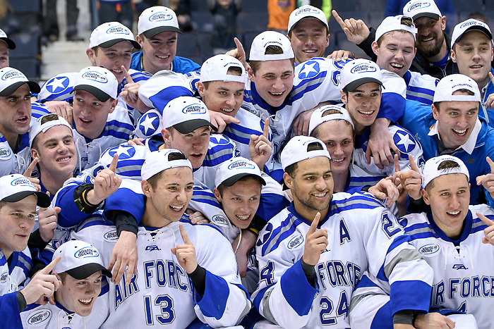 Air Force players celebrate winning the Atlantic Hockey chamionship (2017 Omar Phillips)