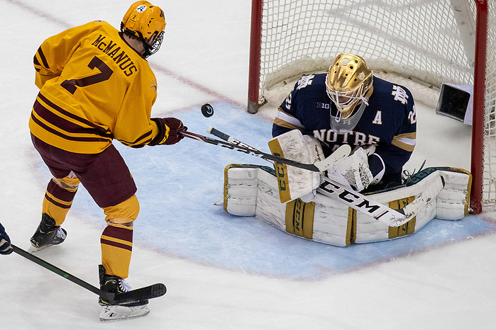 02 Nov 19: Brannon McManus (Minnesota - 7), Cale Morris (Notre Dame - 32). The University of Minnesota Golden Gopher host the University of Notre Dame Fighting Irish in a B1G matchup at 3M Arena at Mariucci in Minneapolis, MN. (Jim Rosvold)