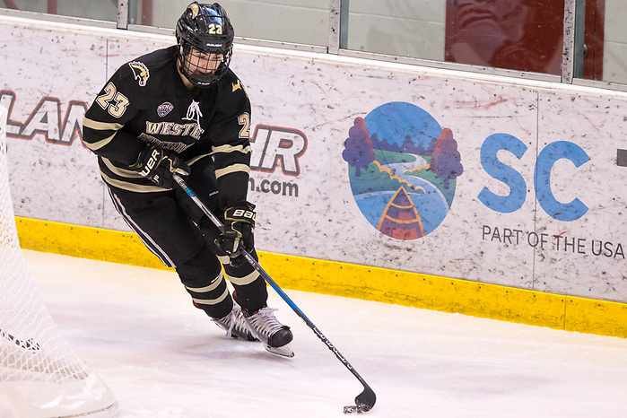 Paul Washe (Western Michigan-23) 2019 January 18 St. Cloud State University hosts Western Michigan in a NCHC contest at the Herb Brooks National Hockey Center (Bradley K. Olson)