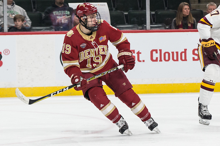 Cole Guttman (Denver-19) 2019 March 22 Denver and University of Minnesota Duluth meet in the semi finals of the NCHC  Frozen Face Off at the Xcel Energy Center in St. Paul, MN (Bradley K. Olson)
