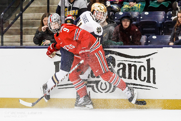 17 MAR 2018: Tanner Laczynski (OSU - 9), Cal Burke (ND - 11). The University of Notre Dame Fighting Irish host the Ohio State University in the 2018 B1G Championship at Compton Family Ice Arena in South Bend, IN.  (Rachel Lewis - USCHO) (Rachel Lewis/©Rachel Lewis)