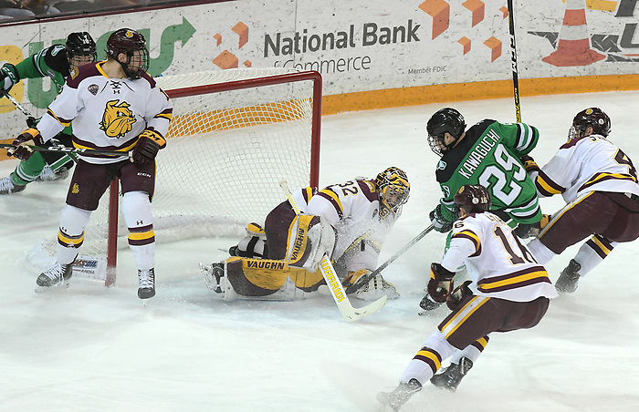 UMD goalie Hunter Shepard makes a save in the first period against North Dakota January 24 at Amsoil Arena in Duluth, MN. (Brett Groehler)