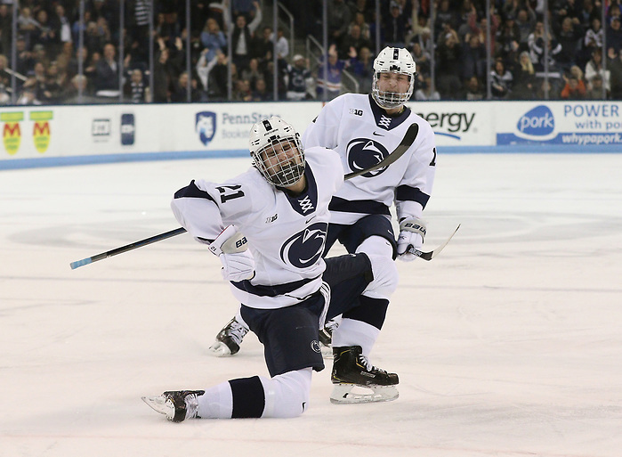 Penn State's Kevin Wall (21) celebrates his game winning goal against Minnesota in the third period on Feb. 22, 2020. Penn State defeated Minnesota 3-2. Photo/Craig Houtz (CRAIG HOUTZ)