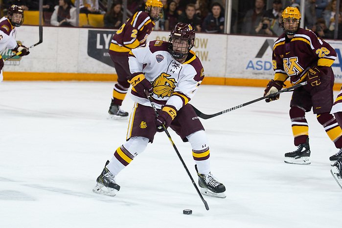6 Oct 18:  Scott Perunovich (Minnesota Duluth - 7). The University of Minnesota Golden Gophers play against the University of Minnesota Duluth Bulldogs in a non-conference matchup at AMSOIL Arena in Duluth, MN. (Jim Rosvold/University of Minnesota)