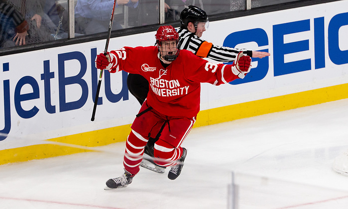 BOSTON, MA - FEBRUARY 3: Wilmer Skoog #32 of the Boston University Terriers scores in overtime against the Boston College Eagles during NCAA hockey in the semifinals of the annual Beanpot Hockey Tournament at TD Garden on February 3, 2020 in Boston, Massachusetts. (Photo by Rich Gagnon/USCHO) (Rich Gagnon)