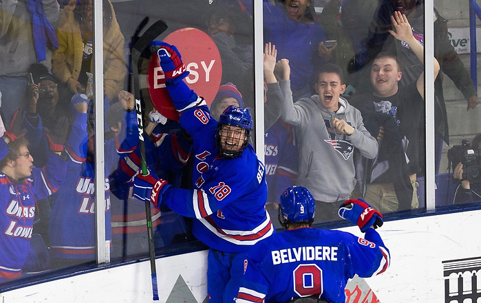 LOWELL, MA - FEBRUARY 21: The UMass Lowell River Hawks play host to the UMass Minutemen during NCAA men's hockey at the Tsongas Center on February 21, 2020 in Lowell, Massachusetts. (Photo by Rich Gagnon/UMass Lowell Athletics) (Rich Gagnon)