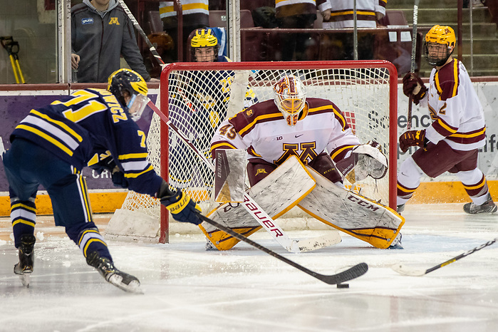 29 Feb 20: The University of Minnesota Golden Gopher host the University of Michigan Wolverines in a B1G matchup at 3M Arena at Mariucci in Minneapolis, MN. (Jim Rosvold)