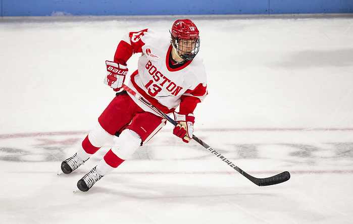 BOSTON, MA - JANUARY 24: Trevor Zegras #13 of the Boston University Terriers. Boston University plays UMass Lowell during NCAA men's hockey at the Agganis Arena on January 24, 2020 in Boston, Massachusetts. The Terriers won 5-0. (Photo by Rich Gagnon/USCHO) (Rich Gagnon)