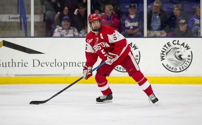 LOWELL, MA - OCTOBER 25: Cam Crotty #5 of the Boston University Terriers. The UMass-Lowell River Hawks play host to the Boston University Terriers during NCAA men's hockey at the Tsongas Center on October 24, 2019 in Lowell, Massachusetts. (Photo by Rich Gagnon) (Rich Gagnon)