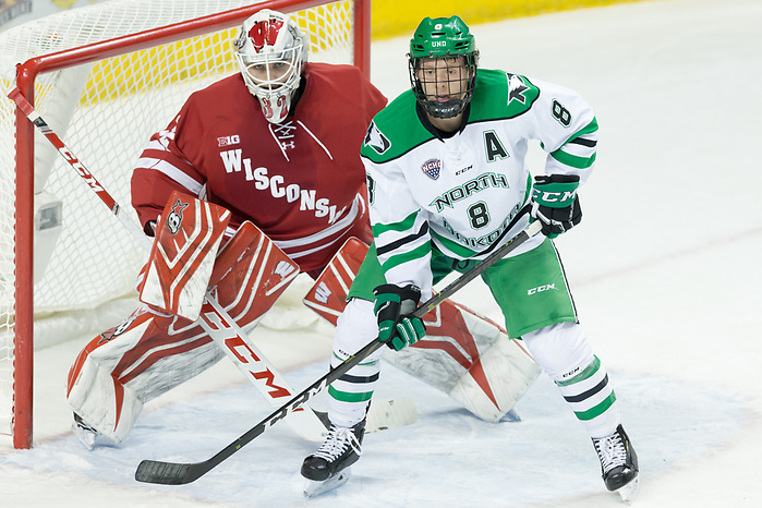 Daniel Lebedeff (Wisconsin-32) Nick Jones (North Dakota-8) 2018 November 3 The University of North Dakota hosts the Wisconsin Badgers in a non conference matchup at the Ralph Engelstad Arena in Grand Forks, ND (Bradley K. Olson)