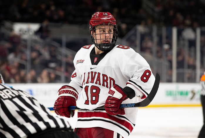 BOSTON, MA - FEBRUARY 3: Jack Drury #18 of the Harvard Crimson. NCAA hockey in the semifinals of the annual Beanpot Hockey Tournament between Northeastern and Harvard at TD Garden on February 3, 2020 in Boston, Massachusetts. The Huskies won 3-1. (Photo by Rich Gagnon/USCHO) (Rich Gagnon)